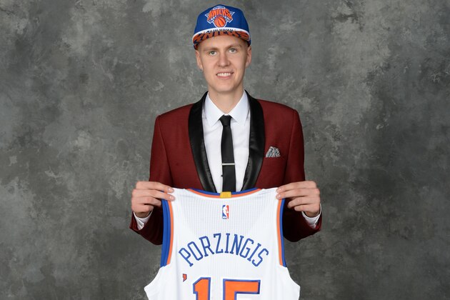 BROOKLYN, NY - JUNE 25: Kristaps Porzingis poses for a portrait after being drafted number four overall by the New York Knicks during the 2015 NBA Draft at the Barclays Center on June 25, 2015 in the Brooklyn borough of New York City. NOTE TO USER: User expressly acknowledges and agrees that, by downloading and/or using this photograph, user is consenting to the terms and conditions of the Getty Images License Agreement. Mandatory Copyright Notice: Copyright 2015 NBAE (Photo by Jennifer Pottheiser/NBAE via Getty Images) BROOKLYN, NY - JUNE 25: Kristaps Porzingis poses for a portrait after being drafted number four overall by the New York Knicks during the 2015 NBA Draft at the Barclays Center on June 25, 2015 in the Brooklyn borough of New York City. NOTE TO USER: User expressly acknowledges and agrees that, by downloading and/or using this photograph, user is consenting to the terms and conditions of the Getty Images License Agreement. Mandatory Copyright Notice: Copyright 2015 NBAE (Photo by Jennifer Pottheiser/NBAE via Getty Images)