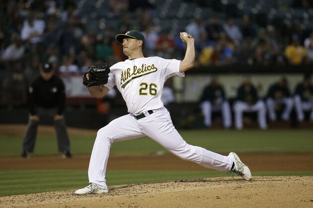 Oakland Athletics pitcher Scott Kazmir (26) against the Seattle Mariners during a baseball game in Oakland, Calif., Thursday, July 2, 2015. (AP Photo/Jeff Chiu)