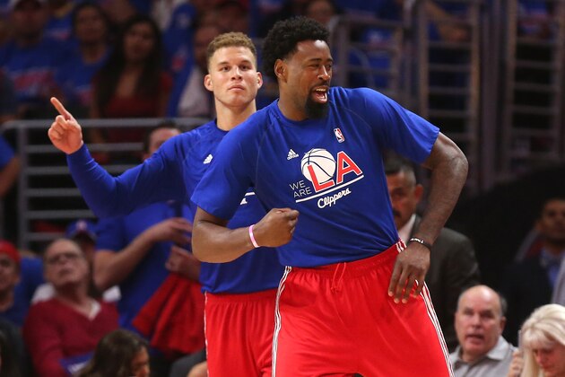 LOS ANGELES, CA - MAY 10:  DeAndre Jordan #6 (R) and Blake Griffin #32 of the Los Angeles Clippers celebrate from the bench as they sit out the closing minutes of the fourth quarter against the Houston Rockets during Game Four of the Western Conference semifinals of the 2015 NBA Playoffs at Staples Center on May 10, 2015 in Los Angeles, California.  The Clippers won 128-95.  NOTE TO USER: User expressly acknowledges and agrees that, by downloading and or using this photograph, User is consenting to the terms and conditions of the Getty Images License Agreement.  (Photo by Stephen Dunn/Getty Images)