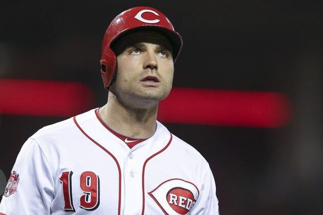 Cincinnati Reds' Joey Votto reacts after striking out in the sixth inning of a baseball game against the Milwaukee Brewers, Friday, July 3, 2015, in Cincinnati. The Brewers won 12-1. (AP Photo/John Minchillo)
