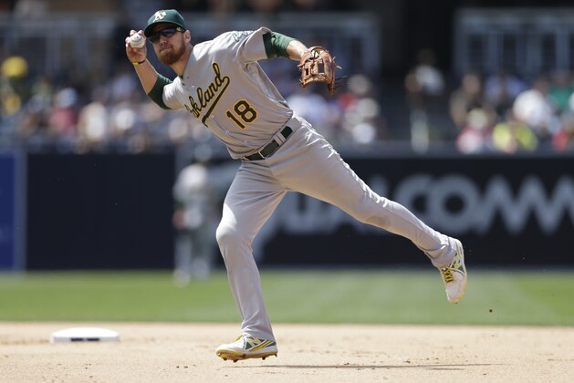 Oakland Athletics left fielder Ben Zobrist grabs a ground ball before throwing out San Diego Padres' Yangervis Solarte at first during the seventh inning of a baseball game Tuesday, June 16, 2015, in San Diego. (AP Photo/Gregory Bull)