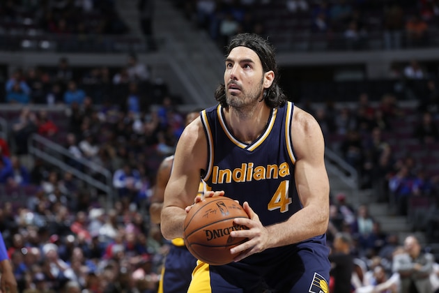 DETROIT, MI - APRIL 10: Luis Scola #4 of the Indiana Pacers shoots against the Detroit Pistons during the game on April 10, 2015 at The Palace of Auburn in Detroit, Michigan. NOTE TO USER: User expressly acknowledges and agrees that, by downloading and/or using this photograph, User is consenting to the terms and conditions of the Getty Images License Agreement. Mandatory Copyright Notice: Copyright 2015 NBAE (Photo by B. Sevald/Einstein/NBAE via Getty Images)