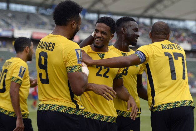 Jul 8, 2015; Carson, CA, USA; Jamaica celebrates after a goal by Garath McCleary (22) during the first half of CONCACAF Gold Cup group play against Costa Rica at Stub Hub Center. Mandatory Credit: Kelvin Kuo-USA TODAY Sports