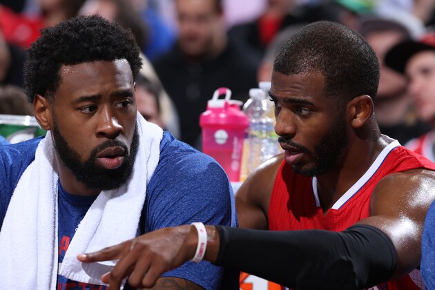 PORTLAND, OR - JANUARY 14:  DeAndre Jordan #6 and Chris Paul #3 of the Los Angeles Clippers talk during the game against the Portland Trail Blazers on January 14, 2015 at the Moda Center in Portland, Oregon. NOTE TO USER: User expressly acknowledges and agrees that, by downloading and or using this Photograph, user is consenting to the terms and conditions of the Getty Images License Agreement. Mandatory Copyright Notice: Copyright 2015 NBAE (Photo by Sam Forencich/NBAE via Getty Images)