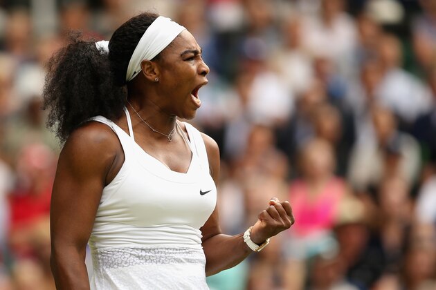 LONDON, ENGLAND - JULY 07: Serena Williams of the United States reacts in her Ladies Singles Quarter Final match against Victoria Azarenka of Belarus during day eight of the Wimbledon Lawn Tennis Championships at the All England Lawn Tennis and Croquet Club on July 7, 2015 in London, England. (Photo by Ian Walton/Getty Images) LONDON, ENGLAND - JULY 07: Serena Williams of the United States reacts in her Ladies Singles Quarter Final match against Victoria Azarenka of Belarus during day eight of the Wimbledon Lawn Tennis Championships at the All England Lawn Tennis and Croquet Club on July 7, 2015 in London, England. (Photo by Ian Walton/Getty Images)
