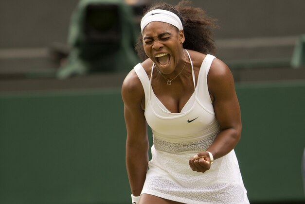 Jul 7, 2015; London, United Kingdom; Serena Williams (USA) reacts during her match against Victoria Azarenka (BLR) on day eight of The Championships Wimbledon at the AELTC. Mandatory Credit: Susan Mullane-USA TODAY Sports