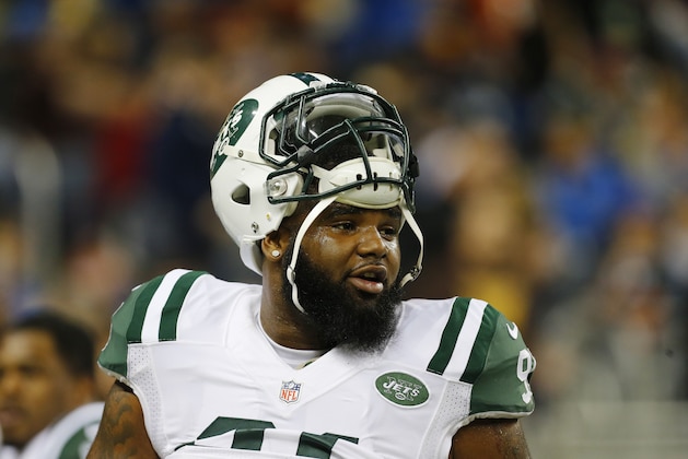 New York Jets defensive end Sheldon Richardson is seen during warmups before an NFL football game against the Buffalo Bills in Detroit, Monday, Nov.24, 2014. (AP Photo/Paul Sancya)