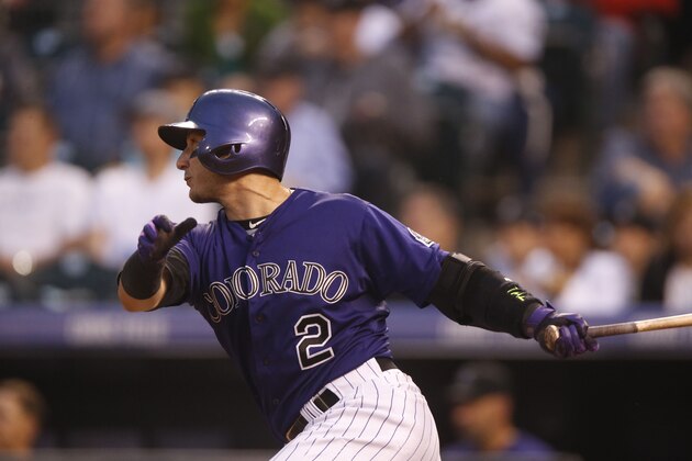 Colorado Rockies shortstop Troy Tulowitzki (2) bats against the Los Angeles Angels in the sixth inning of an inter league baseball game Tuesday, July 7, 2015, in Denver. The Angels won 10-2. (AP Photo/David Zalubowski)