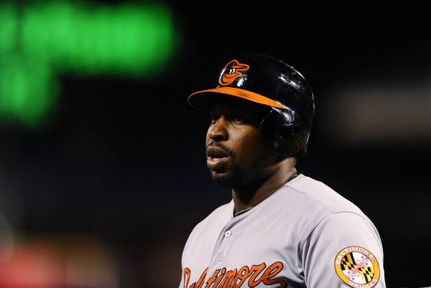 Baltimore Orioles right fielder Delmon Young is seen during a baseball game against the Philadelphia Phillies, Wednesday, June 17, 2015, in Philadelphia. (AP Photo/Michael Perez)