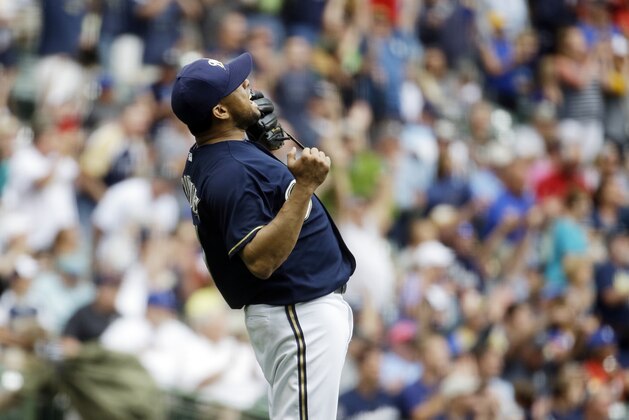 Milwaukee Brewers relief pitcher Francisco Rodriguez reacts after the final out of a baseball game against the Atlanta Braves Wednesday, July 8, 2015, in Milwaukee. Rodriguez got the save as the Brewers won 6-5. (AP Photo/Morry Gash)