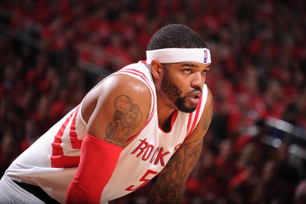 HOUSTON, TX - MAY 25: Josh Smith #5 of the Houston Rockerts looks on during the game against the Golden State Warriors in Game Four of the Western Conference Finals during the 2015 NBA Playoffs on May 25, 2015 at the Toyota Center in Houston, Texas. NOTE TO USER: User expressly acknowledges and agrees that, by downloading and or using this photograph, User is consenting to the terms and conditions of the Getty Images License Agreement. Mandatory Copyright Notice: Copyright 2015 NBAE (Photo by Bill Baptist/NBAE via Getty Images)