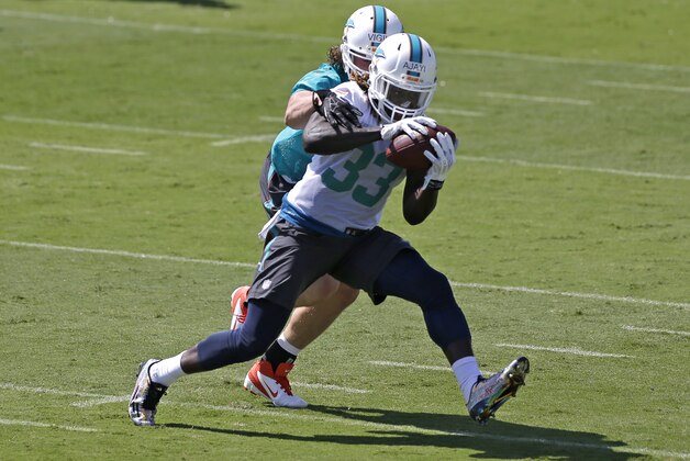 Miami Dolphins' Jay Ajayi (33) catches a pass during NFL football rookie minicamp, Saturday, May 9, 2015, in Davie, Fla. (AP Photo/Alan Diaz)