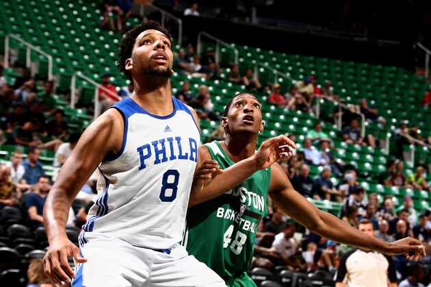 SALT LAKE CITY, UT - JULY 7: Jahlil Okafor #8 of the Philadelphia 76ers and Malcolm Miller #48 of the Boston Celtics battle for position during the NBA Summer League on July 6, 2015 at EnergySolutions Arena in Salt Lake City, Utah. USER: User expressly acknowledges and agrees that, by downloading and or using this Photograph, user is consenting to the terms and conditions of the Getty Images License Agreement. Mandatory Copyright Notice: Copyright 2015 NBAE (Photo by Melissa Majchrzak/NBAE via Getty Images)