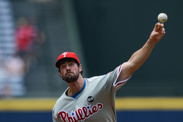 Philadelphia Phillies starting pitcher Cole Hamels works in the first inning of a baseball game against the Atlanta Braves, Sunday, July 5, 2015, in Atlanta. (AP Photo/Jon Barash)