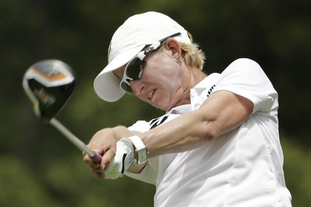 Karrie Webb of Australia tees off the ninth hole during the first round of the U.S. Women's Open golf tournament at Lancaster Country Club, Thursday, July 9, 2015 in Lancaster, Pa. (AP Photo/Frank Franklin II)