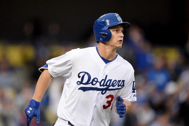 LOS ANGELES, CA - MAY 23:  Joc Pederson #31 of the Los Angeles Dodgers reacts to his solo homerun to take a 1-0 lead over the San Diego Padres during the first inning at Dodger Stadium on May 23, 2015 in Los Angeles, California.  (Photo by Harry How/Getty Images)