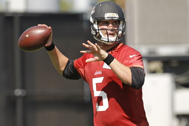 Jacksonville Jaguars quarterback Blake Bortles (5) throws a pass during NFL football minicamp, Wednesday, June 17, 2015, in Jacksonville, Fla. (AP Photo/John Raoux)