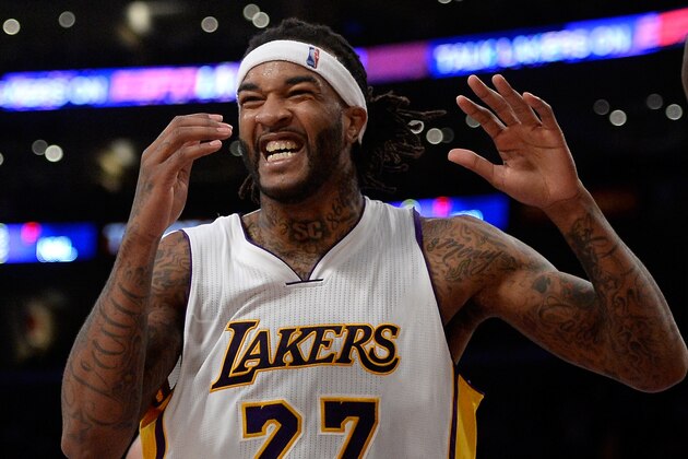 LOS ANGELES, CA - FEBRUARY 22:  Jordan Hill #27 of the Los Angeles Lakers reacts as he is called for a foul during the game against the Boston Celtics at Staples Center on February 22, 2015 in Los Angeles, California.  NOTE TO USER: User expressly acknowledges and agrees that, by downloading and or using this Photograph, user is consenting to the terms and condition of the Getty Images License Agreement.  (Photo by Harry How/Getty Images)