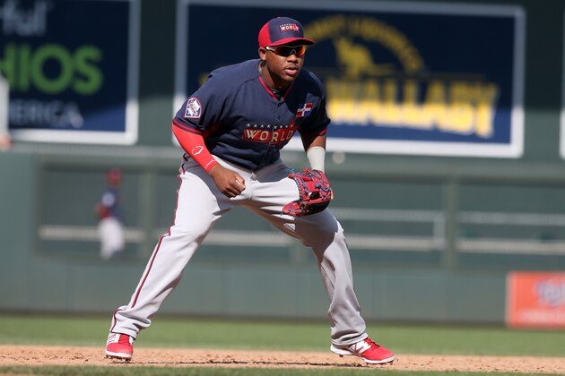 World teams third baseman Maikel Franco takes up his position during the All-Star Futures baseball game against team United States, Sunday, July 13, 2014, in Minneapolis. (AP Photo/Jim Mone)