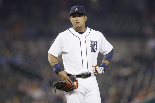 Detroit Tigers first baseman Miguel Cabrera is seen during the 14th inning of a baseball game against the Pittsburgh Pirates, Wednesday, July 1, 2015, in Detroit. (AP Photo/Carlos Osorio)