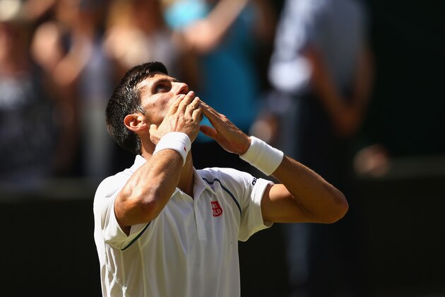 LONDON, ENGLAND - JULY 10:  Novak Djokovic of Serbia celebrates after winning the Gentlemens Singles Semi Final match against Richard Gasquet of France during day eleven of the Wimbledon Lawn Tennis Championships at the All England Lawn Tennis and Croquet Club on July 10, 2015 in London, England.  (Photo by Clive Brunskill/Getty Images)
