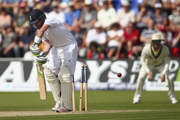 CARDIFF, WALES - JULY 10:  Ian Bell of England is bowled by Mitchell Johnson of Australia during day three of the 1st Investec Ashes Test match between England and Australia at SWALEC Stadium on July 10, 2015 in Cardiff, United Kingdom.  (Photo by Ryan Pierse/Getty Images)