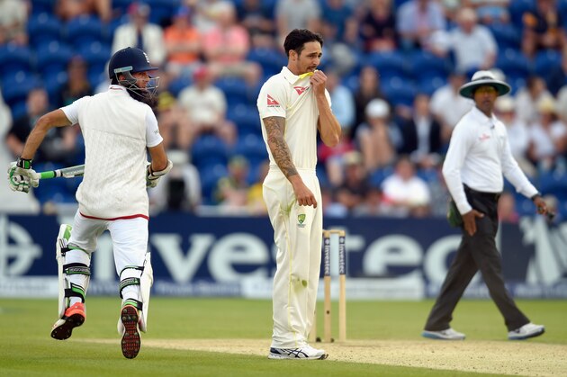 CARDIFF, WALES - JULY 10:  Australia bowler Mitchell Johnson reacts as Moeen Ali picks up some runs during day three of the 1st Investec Ashes Test match between England and Australia at SWALEC Stadium on July 10, 2015 in Cardiff, United Kingdom.  (Photo by Stu Forster/Getty Images)
