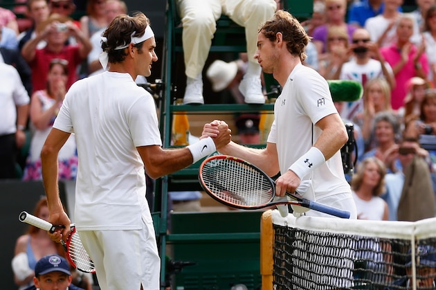 LONDON, ENGLAND - JULY 10: Roger Federer of Switzerland celebrates at the net after winning the Gentlemens Singles Semi Final match against Andy Murray of Great Britain during day eleven of the Wimbledon Lawn Tennis Championships at the All England Lawn Tennis and Croquet Club on July 10, 2015 in London, England. (Photo by Julian Finney/Getty Images) LONDON, ENGLAND - JULY 10: Roger Federer of Switzerland celebrates at the net after winning the Gentlemens Singles Semi Final match against Andy Murray of Great Britain during day eleven of the Wimbledon Lawn Tennis Championships at the All England Lawn Tennis and Croquet Club on July 10, 2015 in London, England. (Photo by Julian Finney/Getty Images)