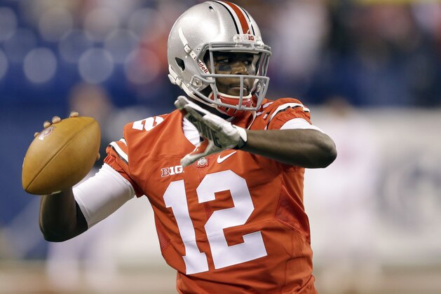 Ohio State quarterback Cardale Jones warms up before the start of the Big Ten Conference championship NCAA college football game against Wisconsin Saturday, Dec. 6, 2014, in Indianapolis. (AP Photo/Darron Cummings)