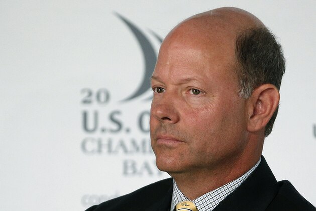 Mike Davis, Executive Director of the USGA, attends a news conference during the U.S. Open golf tournament at Chambers Bay on Wednesday, June 17, 2015 in University Place, Wash. (AP Photo/John Locher)