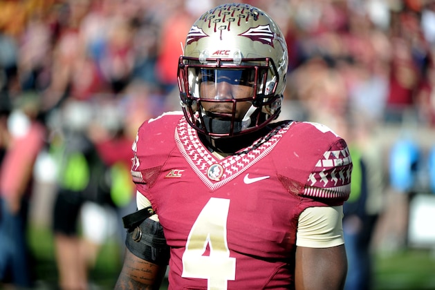 Nov 29, 2014; Tallahassee, FL, USA; Florida State Seminoles running back Dalvin Cook (4) warms up before the start of the game against the Florida Gators at Doak Campbell Stadium. Mandatory Credit: Melina Vastola-USA TODAY Sports