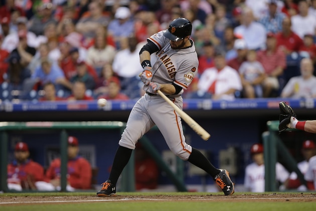 San Francisco Giants' Brandon Belt in action during a baseball game against the Philadelphia Phillies, Friday, June 5, 2015, in Philadelphia. (AP Photo/Matt Slocum)