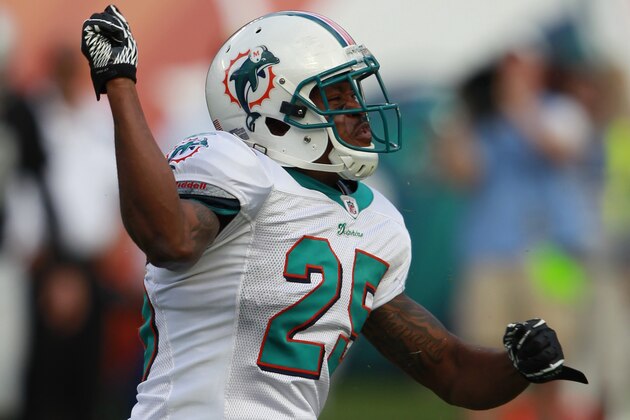 Miami Dolphins cornerback Will Allen celebrates after breaking up a pass during the second half of an NFL football game against the Oakland Raiders, Sunday, Dec. 4, 2011, in Miami. The Dolphins defeated the Raiders 34-14. (AP Photo/Wilfredo Lee)