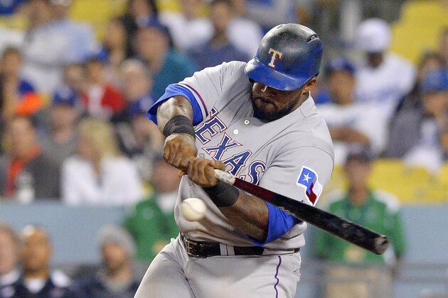 Texas Rangers' Prince Fielder hits a solo home run during the ninth inning of a baseball game against the Los Angeles Dodgers, Wednesday, June 17, 2015, in Los Angeles. (AP Photo/Mark J. Terrill)
