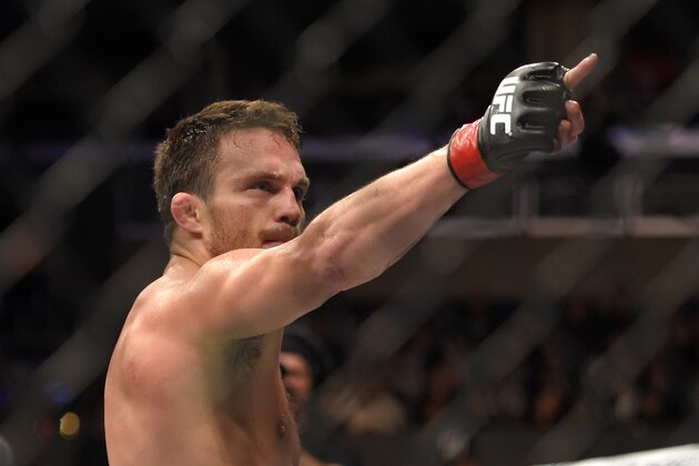 Jake Ellenberger celebrates after defeating Josh Koscheck in a UFC 184 mixed martial arts welterweight bout, Saturday, Feb. 28, 2015, in Los Angeles. Ellenberger won after Koscheck tapped out while in a chokehold in the second round. (AP Photo/Mark J. Terrill) Jake Ellenberger celebrates after defeating Josh Koscheck in a UFC 184 mixed martial arts welterweight bout, Saturday, Feb. 28, 2015, in Los Angeles. Ellenberger won after Koscheck tapped out while in a chokehold in the second round. (AP Photo/Mark J. Terrill)