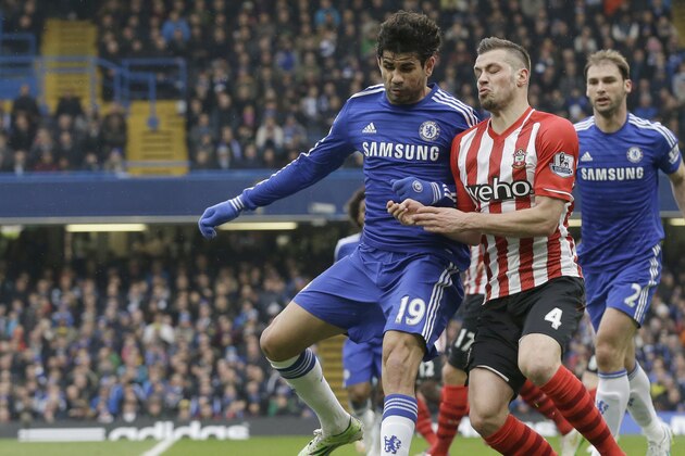 Chelsea's Diego Costa, left, competes for the ball with Southampton's Morgan Schneiderlin, during the English Premier League soccer match between Chelsea and Southampton at Stamford Bridge stadium in London, Sunday, March 15, 2015. (AP Photo/Matt Dunham) Chelsea's Diego Costa, left, competes for the ball with Southampton's Morgan Schneiderlin, during the English Premier League soccer match between Chelsea and Southampton at Stamford Bridge stadium in London, Sunday, March 15, 2015. (AP Photo/Matt Dunham)