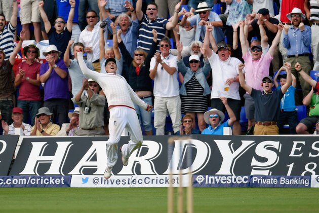 CARDIFF, WALES - JULY 11:  England fielder Joe Root celebrates after catching Australia batsman Josh Hazlewood to win the match during day four of the 1st Investec Ashes Test match between England and Australia at SWALEC Stadium on July 11, 2015 in Cardiff, United Kingdom.  (Photo by Stu Forster/Getty Images)