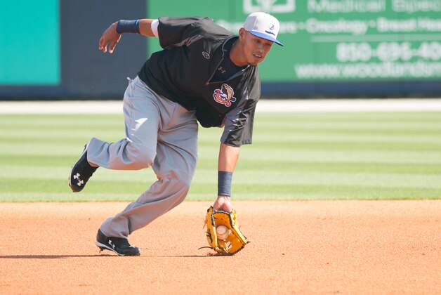 Biloxi Shuckers' Orlando Arcia fields the ball during practice at the Pensacola Blue Wahoos' stadium in Pensacola, Fla., Wednesday, April 8, 2015. The Shuckers are a Double-A affiliate in Biloxi, Miss., of the Milwaukee Brewers and have no home field while waiting for their stadium to be constructed.  (AP Photo/ Michael Spooneybarger)