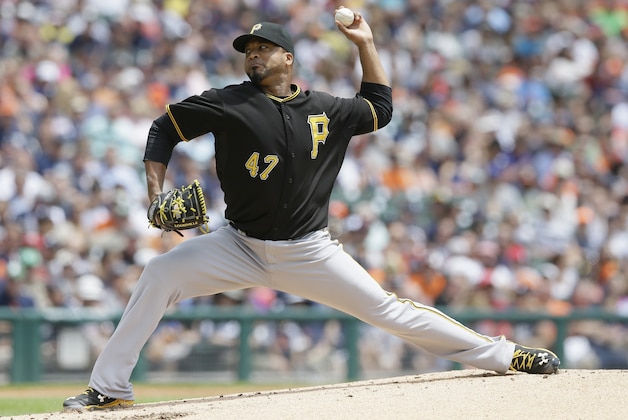 Pittsburgh Pirates starting pitcher Francisco Liriano throws during the first inning of a baseball game against the Detroit Tigers, Thursday, July 2, 2015, in Detroit. (AP Photo/Carlos Osorio)