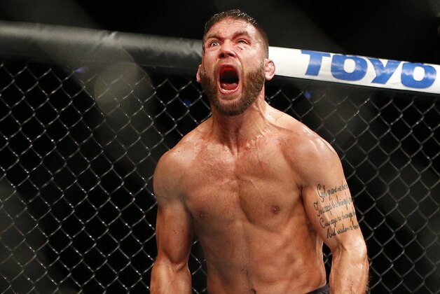 Jeremy Stephens celebrates after defeating Dennis Bermudez during their mixed martial arts bout at UFC 189 on Saturday, July 11, 2015, in Las Vegas. (AP Photo/John Locher) Jeremy Stephens celebrates after defeating Dennis Bermudez during their mixed martial arts bout at UFC 189 on Saturday, July 11, 2015, in Las Vegas. (AP Photo/John Locher)