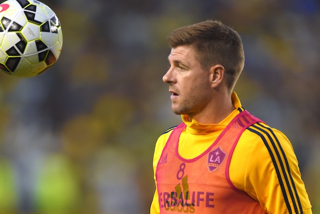 Los Angeles Galaxy midfielder Steven Gerrard, of England, warms up prior to an International Champions Cup soccer match against Club America, Saturday, July 11, 2015, in Carson, Calif. (AP Photo/Mark J. Terrill)
