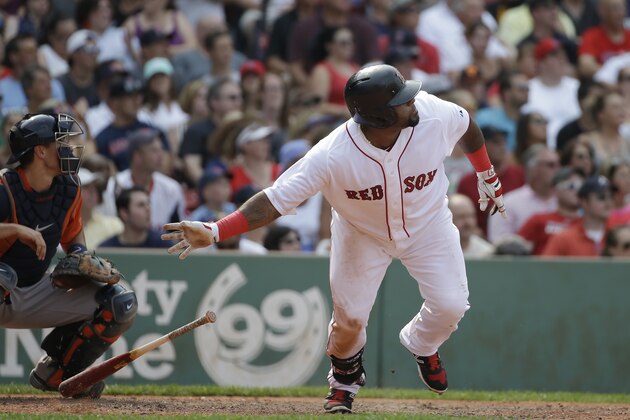 Boston Red Sox's Pablo Sandoval, right, watches the flight of his ball as he doubles as Astros catcher Jason Castro, left, looks on in the sixth inning of a baseball game at Fenway Park, Sunday, July 5, 2015, in Boston. (AP Photo/Steven Senne)