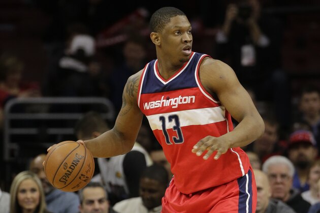 Washington Wizards' Kevin Seraphin in action during an NBA basketball game against the Philadelphia 76ers, Friday, Feb. 27, 2015, in Philadelphia. (AP Photo/Matt Slocum)