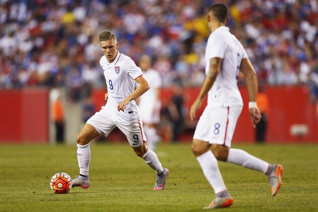 FOXBORO, MA - JULY 10:  Aron Johannsson #9 of United States carries the ball during the 2015 CONCACAF Gold Cup Group A match between United States and Haiti at Gillette Stadium on July 10, 2015 in Foxboro, Massachusetts.  (Photo by Maddie Meyer/Getty Images)