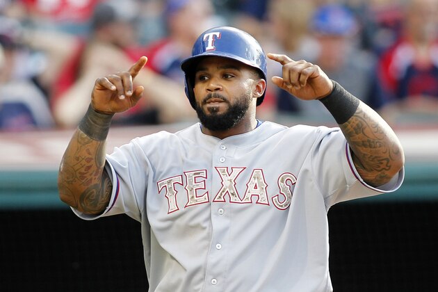 Texas Rangers Prince Fielder during the Rangers baseball game against the Cleveland Indians Monday, May 25, 2015, in Cleveland. (AP Photo/Aaron Josefczyk)