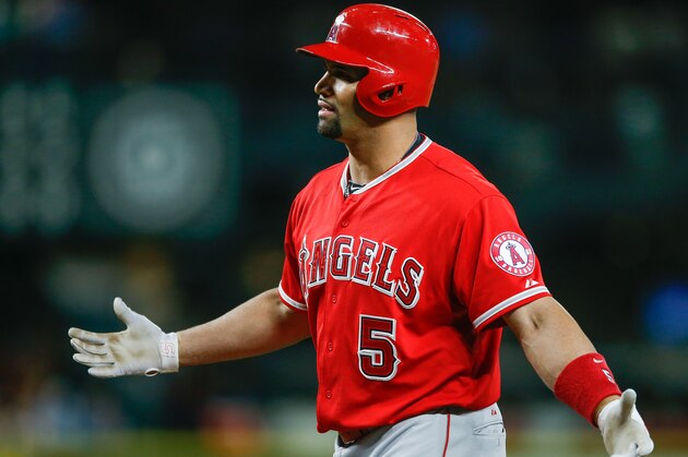 SEATTLE, WA - JULY 11:  Albert Pujols #5 of the Los Angeles Angels of Anaheim reacts after striking out in the ninth inning against the Seattle Mariners at Safeco Field on July 11, 2015 in Seattle, Washington. The Mariners defeated the Angels 5-0.  (Photo by Otto Greule Jr/Getty Images)
