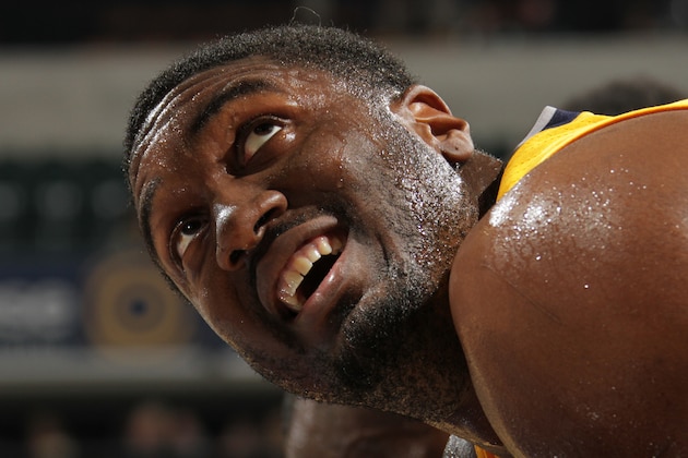 INDIANAPOLIS, IN - APRIL 3: Roy Hibbert #55 of the Indiana Pacers stands on the court during a game against the Charlotte Hornets on April 3, 2015 at Bankers Life Fieldhouse in Indianapolis, Indiana. NOTE TO USER: User expressly acknowledges and agrees that, by downloading and/or using this photograph, User is consenting to the terms and conditions of the Getty Images License Agreement. Mandatory Copyright Notice: Copyright 2015 NBAE (Photo by Ron Hoskins/NBAE via Getty Images)