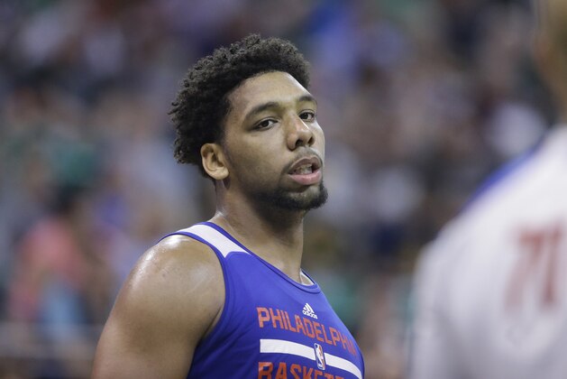 Philadelphia 76ers Jahlil Okafor looks on during the first half of an NBA summer league basketball game against the San Antonio Spurs Monday, July 6, 2015, in Salt Lake City.  (AP Photo/Rick Bowmer)