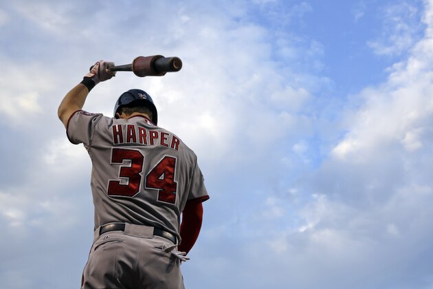 Washington Nationals' Bryce Harper prepares for an at-bat in the fourth inning of an interleague baseball game against the Baltimore Orioles, Friday, July 10, 2015, in Baltimore. (AP Photo/Patrick Semansky)