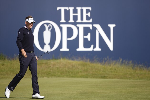 England's Ian Poulter putting on the 1st green  at the Old Course, St Andrews, Scotland, Sunday, June 12, 2015.  Poulter played a practice round ahead of The 2015 Open Golf Championship that is due to take place at St. Andrews July 16-19.  (AP Photo/Peter Morrison)
